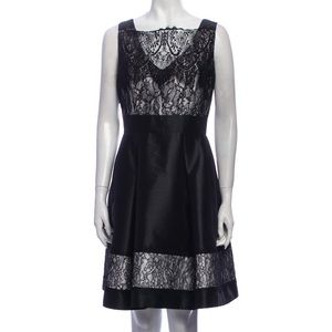 Theia Black Lace Pleated Cocktail Dress 0